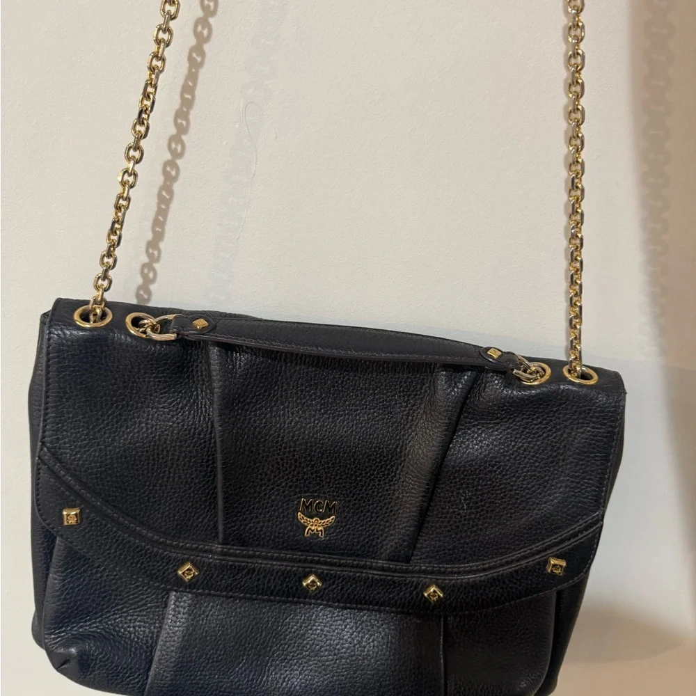 MCM Black Pebbled Leather Studded Flap Shoulder Bag w/ Chain Strap Vintage rare
